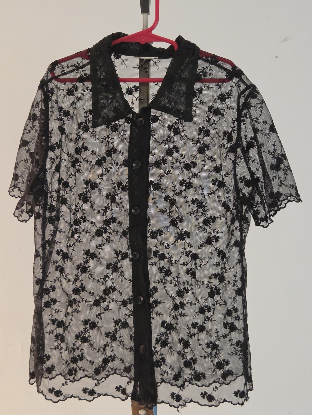 Sheer Black Floral Lace Button-Up Blouse